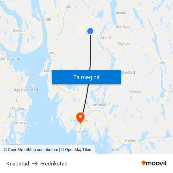Knapstad to Fredrikstad map