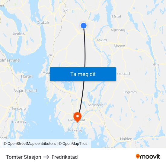 Tomter Stasjon to Fredrikstad map