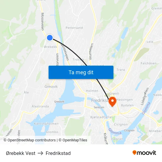 Ørebekk Vest to Fredrikstad map