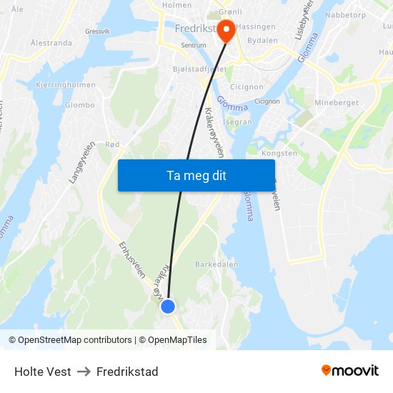 Holte Vest to Fredrikstad map