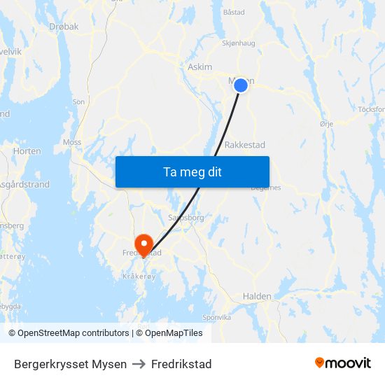 Bergerkrysset Mysen to Fredrikstad map