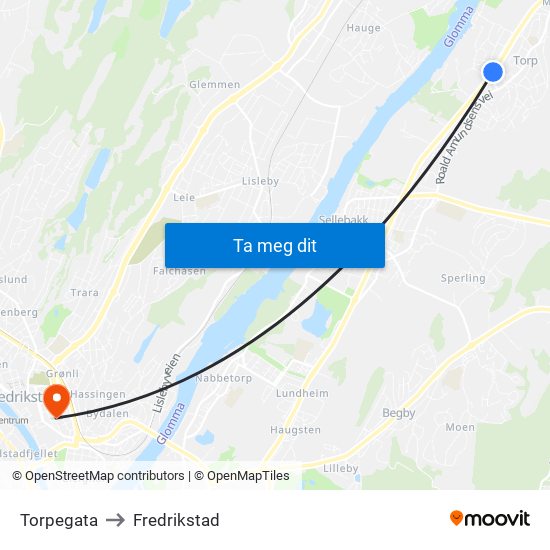 Torpegata to Fredrikstad map