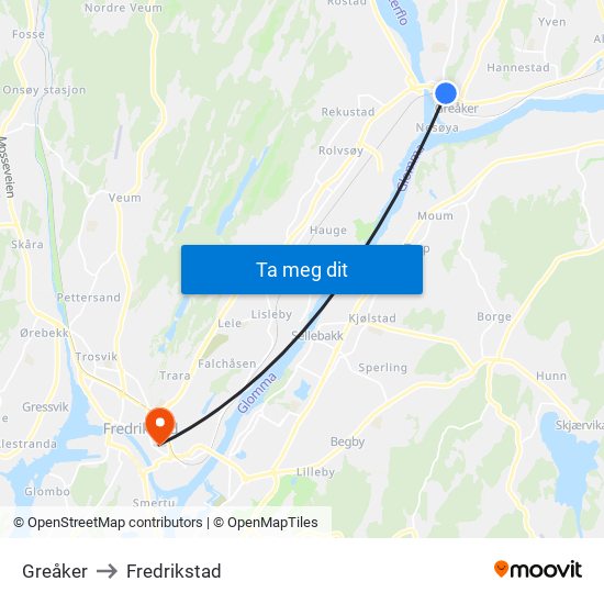 Greåker to Fredrikstad map