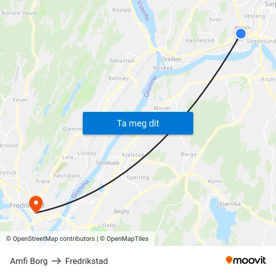 Amfi Borg to Fredrikstad map