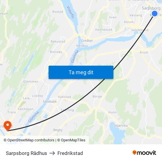 Sarpsborg Rådhus to Fredrikstad map