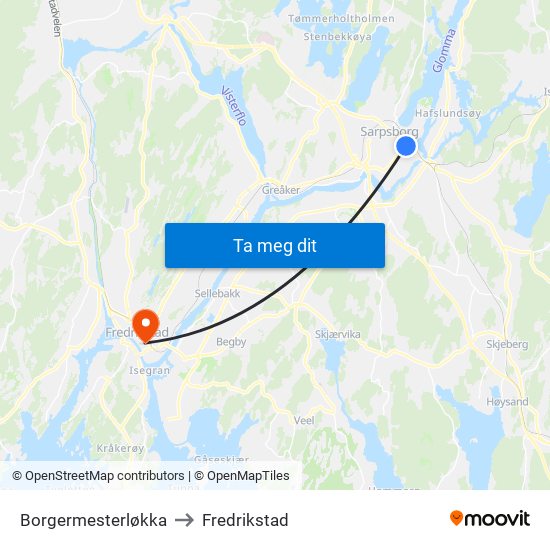 Borgermesterløkka to Fredrikstad map