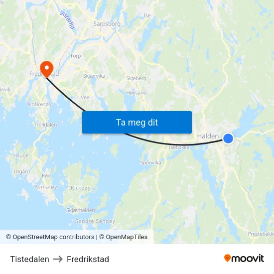 Tistedalen to Fredrikstad map
