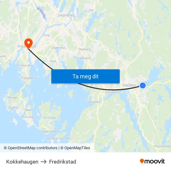 Kokkehaugen to Fredrikstad map