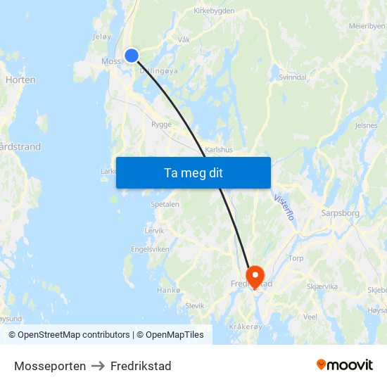 Mosseporten to Fredrikstad map