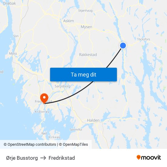 Ørje Busstorg to Fredrikstad map