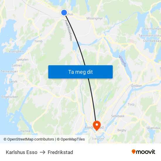 Karlshus Esso to Fredrikstad map