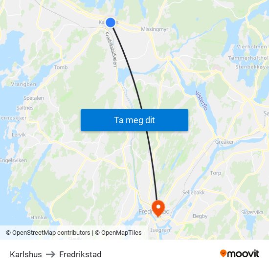 Karlshus to Fredrikstad map