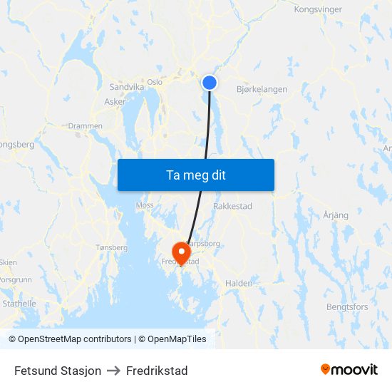 Fetsund Stasjon to Fredrikstad map