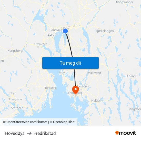 Hovedøya to Fredrikstad map