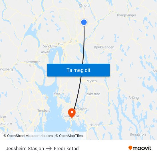 Jessheim Stasjon to Fredrikstad map