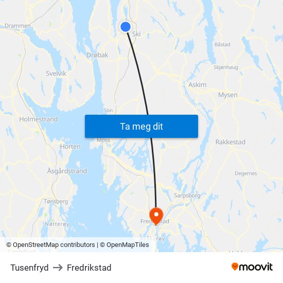 Tusenfryd to Fredrikstad map