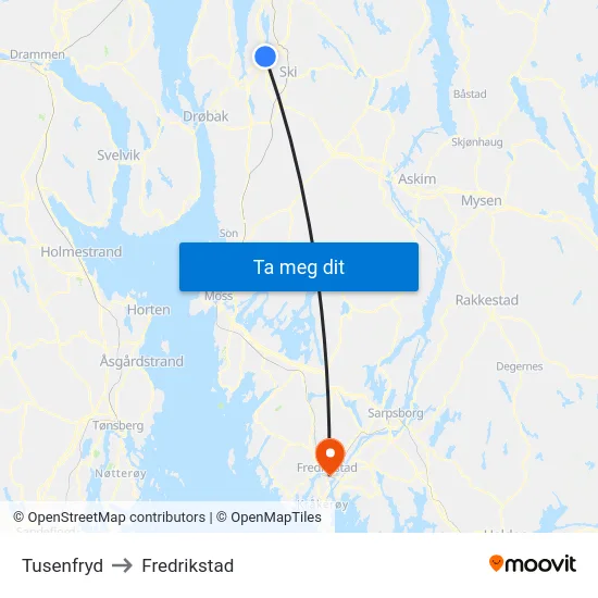 Tusenfryd to Fredrikstad map