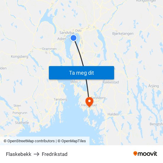 Flaskebekk to Fredrikstad map