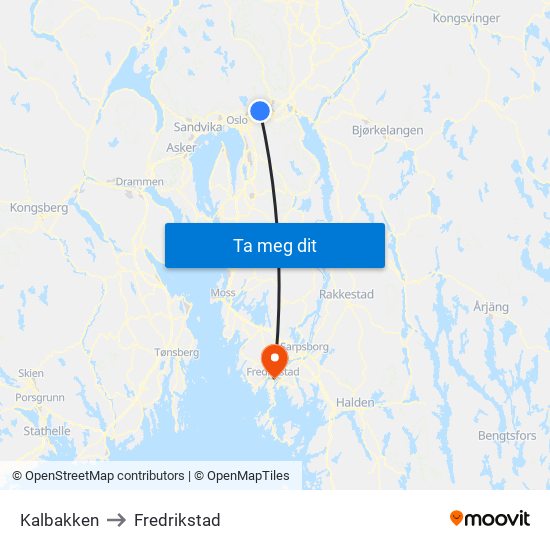 Kalbakken to Fredrikstad map