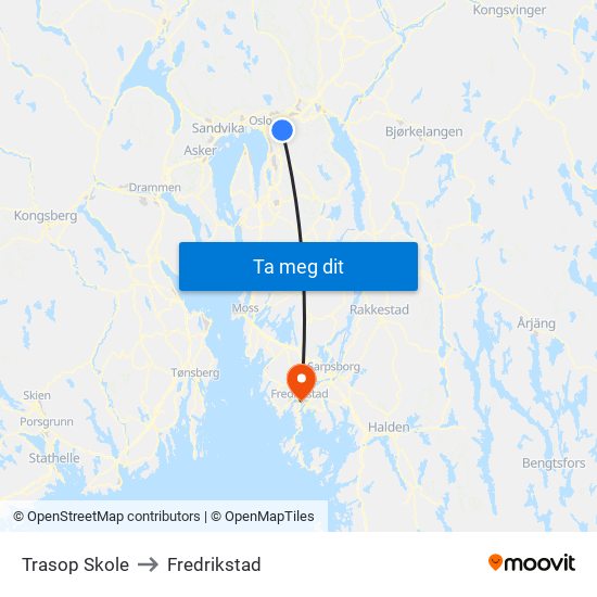 Trasop Skole to Fredrikstad map