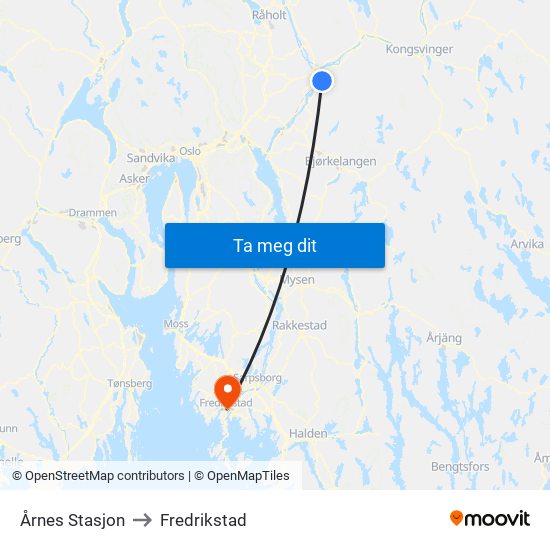Årnes Stasjon to Fredrikstad map