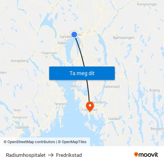 Radiumhospitalet to Fredrikstad map