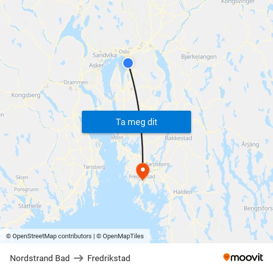 Nordstrand Bad to Fredrikstad map