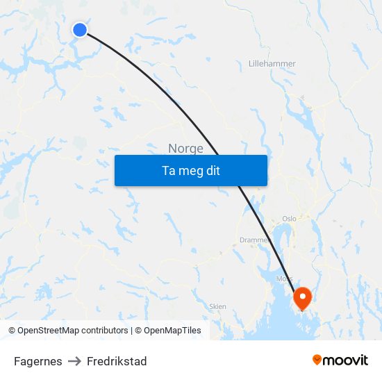 Fagernes to Fredrikstad map