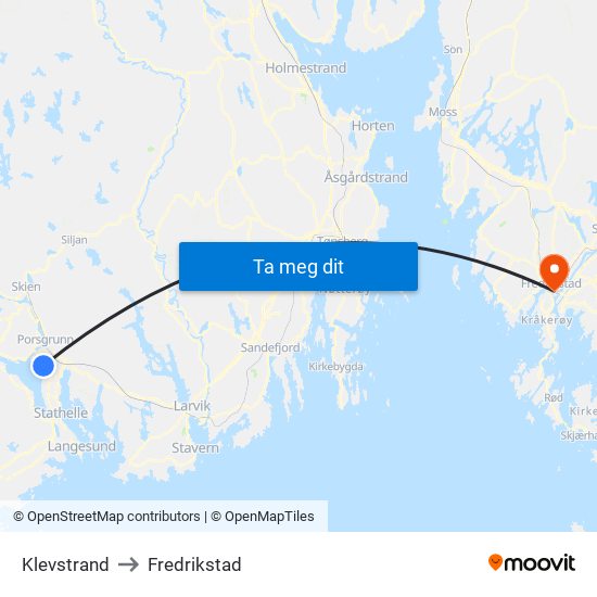 Klevstrand to Fredrikstad map