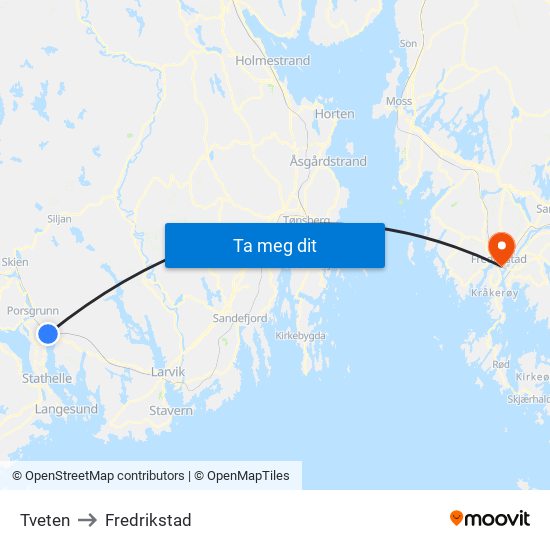 Tveten to Fredrikstad map