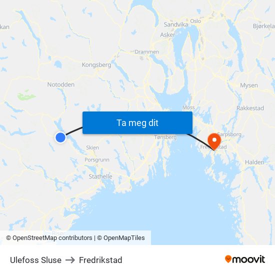 Ulefoss Sluse to Fredrikstad map