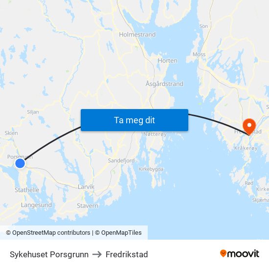 Sykehuset Porsgrunn to Fredrikstad map