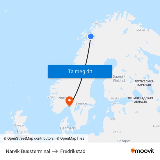 Narvik Bussterminal to Fredrikstad map
