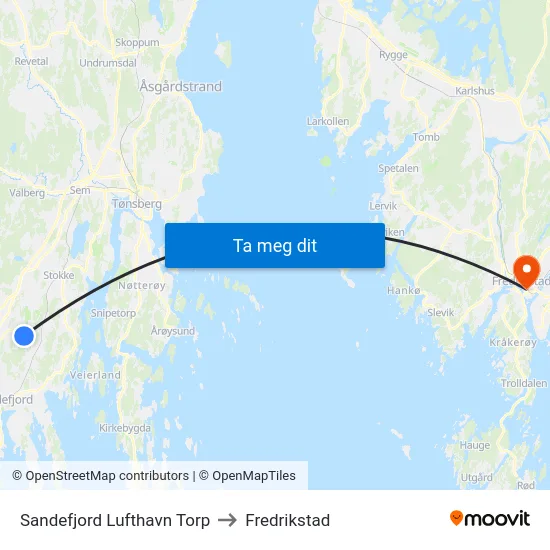 Sandefjord Lufthavn Torp to Fredrikstad map