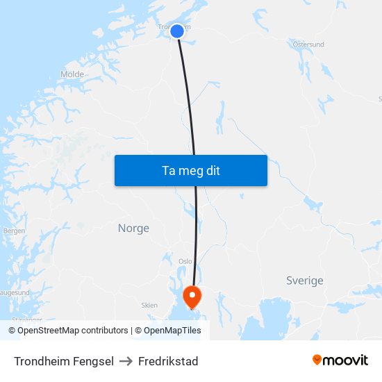 Trondheim Fengsel to Fredrikstad map