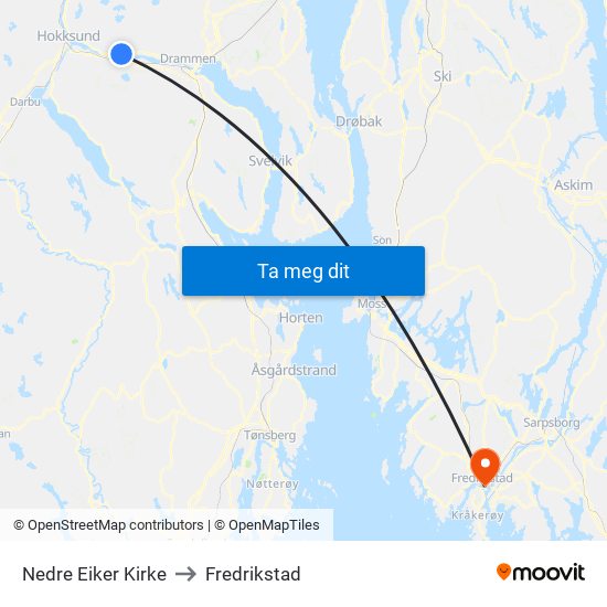 Nedre Eiker Kirke to Fredrikstad map