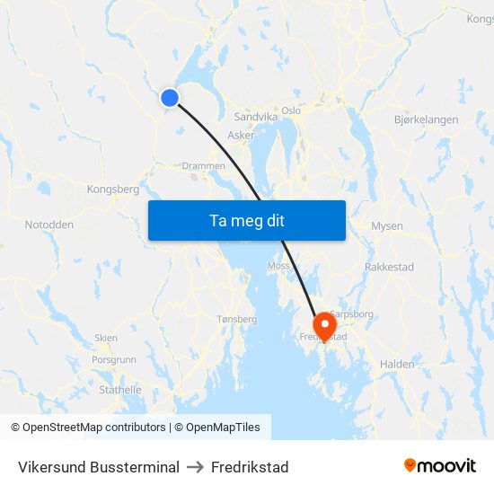 Vikersund Bussterminal to Fredrikstad map