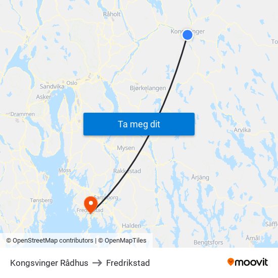 Kongsvinger Rådhus to Fredrikstad map