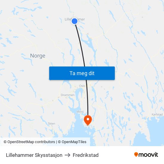 Lillehammer Skysstasjon to Fredrikstad map