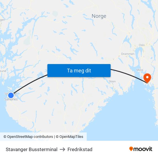 Stavanger Bussterminal to Fredrikstad map