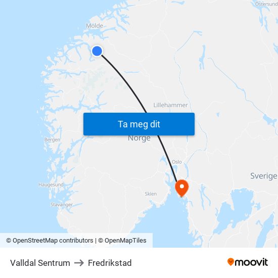 Valldal Sentrum to Fredrikstad map