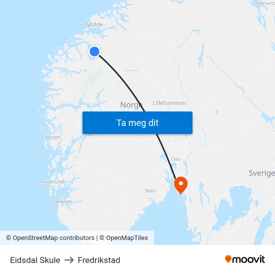 Eidsdal Skule to Fredrikstad map