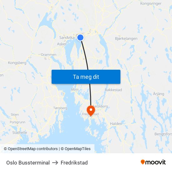 Oslo Bussterminal to Fredrikstad map