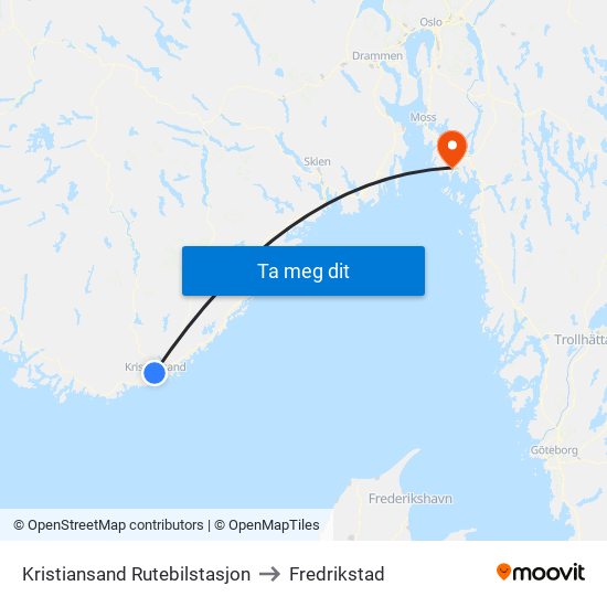 Kristiansand Rutebilstasjon to Fredrikstad map