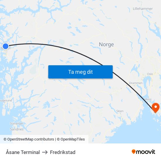 Åsane Terminal to Fredrikstad map