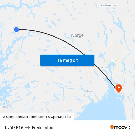 Kvåle E16 to Fredrikstad map