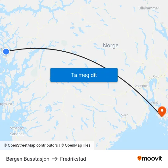 Bergen Busstasjon to Fredrikstad map