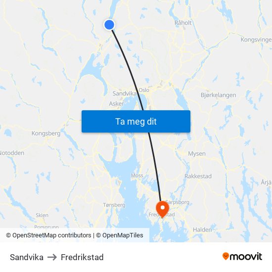 Sandvika to Fredrikstad map