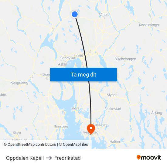 Oppdalen Kapell to Fredrikstad map
