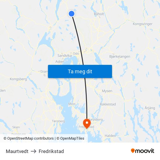 Maurtvedt to Fredrikstad map